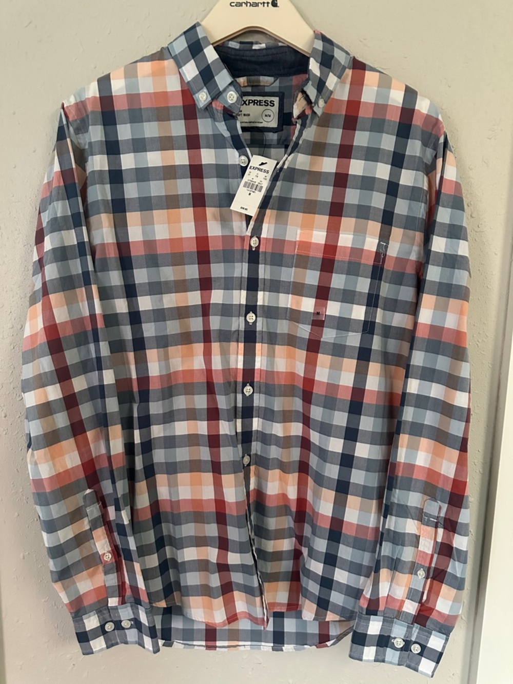 Express Men’s Blue, Orange and Red Plaid Button-Down Shirt
